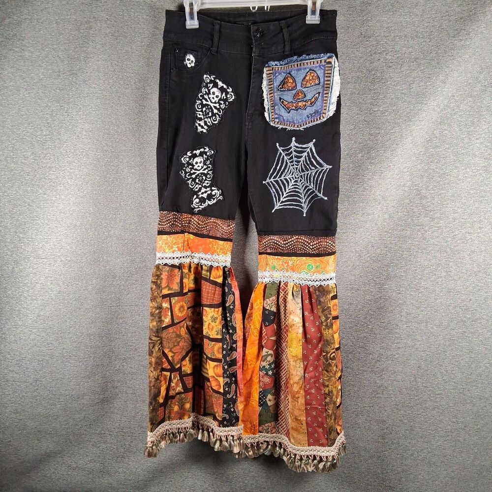 Dgayle Hand Painted Scrappy Upcycled Halloween Bell Bottom Jeans 10/30 Festival